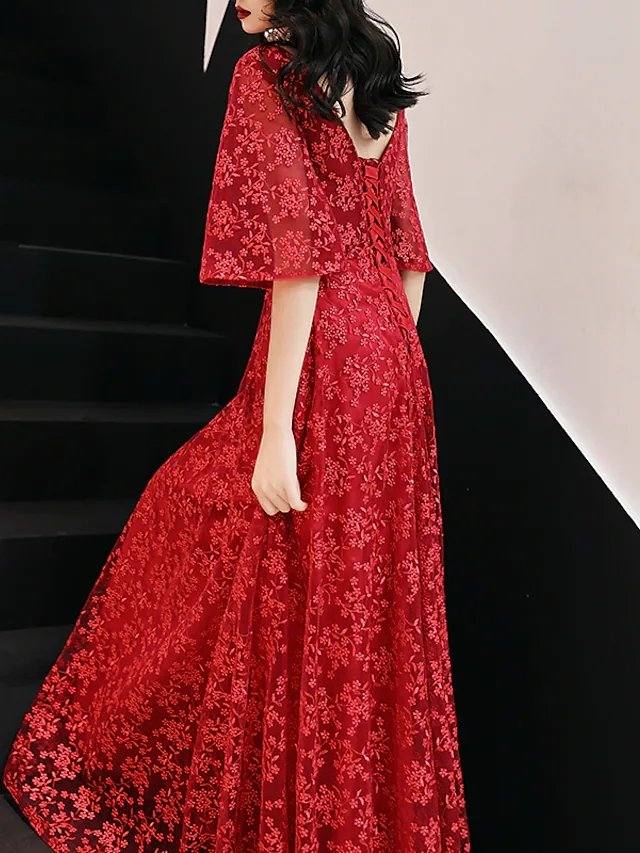 A-Line Floral Engagement Prom Dress V Neck Half Sleeve Ankle Length Lace with Pleats Lace Insert - RongMoon