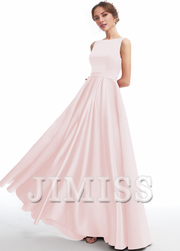 A-line Scoop Neck Floor Length Satin Bridesmaids Dress