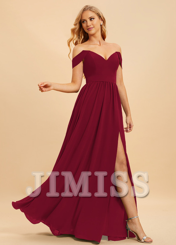 A-line off-the-shoulder floor-length chiffon bridesmaid dress