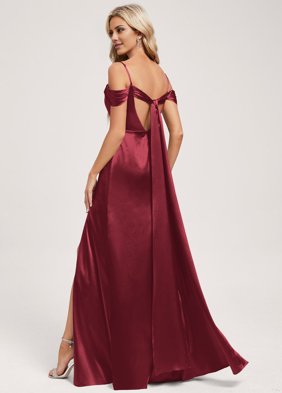 A-line off-the-shoulder floor-length satin bow ruffled bridesmaid dress