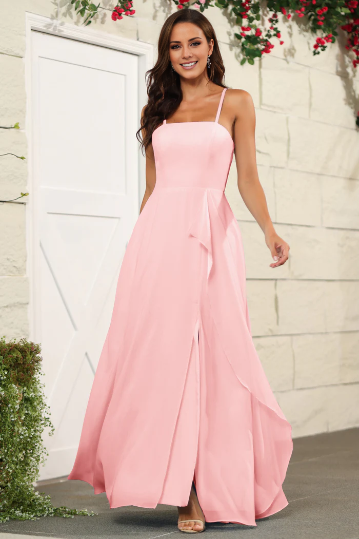 Beautiful chiffon thin shoulder strap and floor length bridesmaid dress