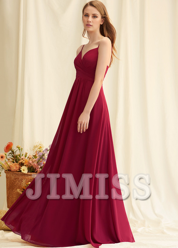 A-line V-neck floor-length chiffon pleated bridesmaid dress