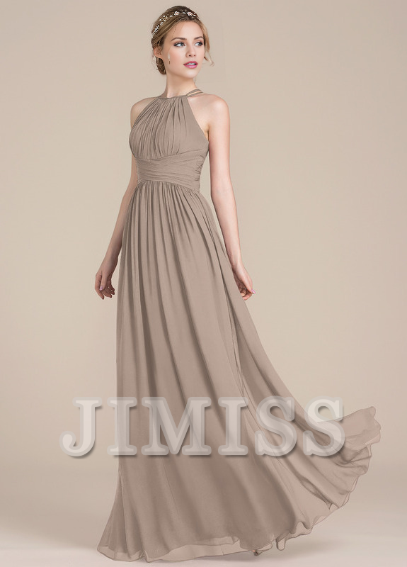 Lotus leaf A-line low round neck chiffon bridesmaid dress