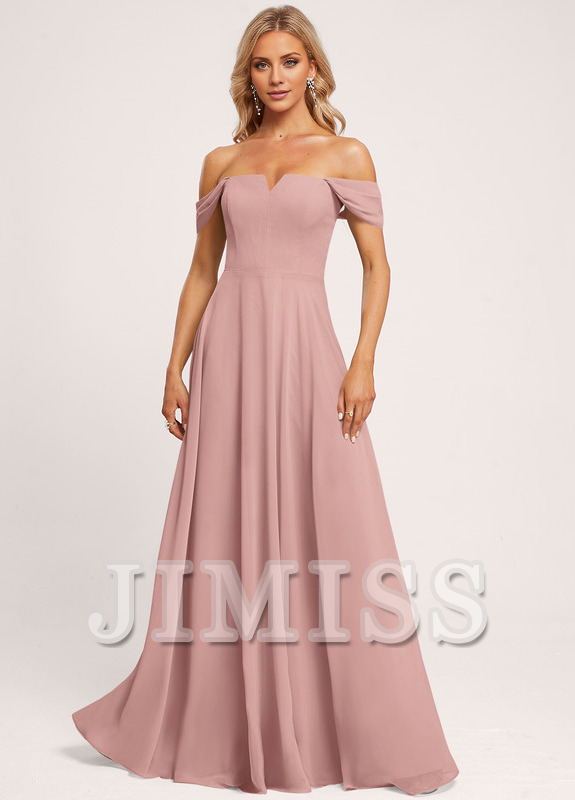 A-line off-the-shoulder square floor-length chiffon bridesmaid dress