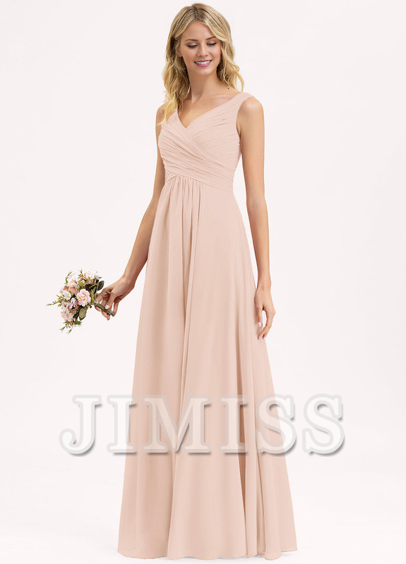 A-line V-neck floor-length chiffon pleated bridesmaid dress