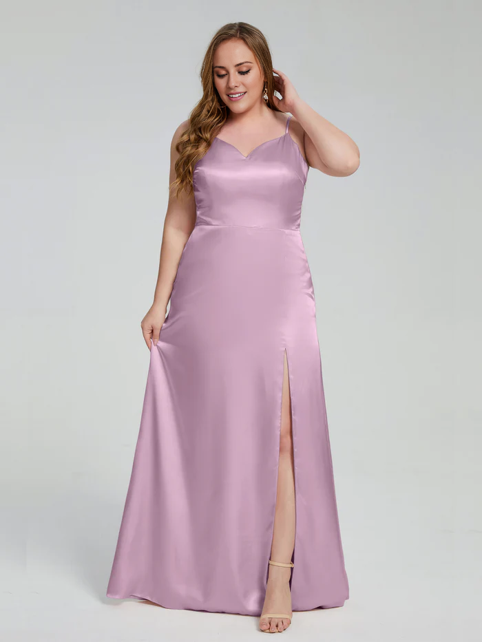 Split plus size soft satin and floor length bridesmaid dress