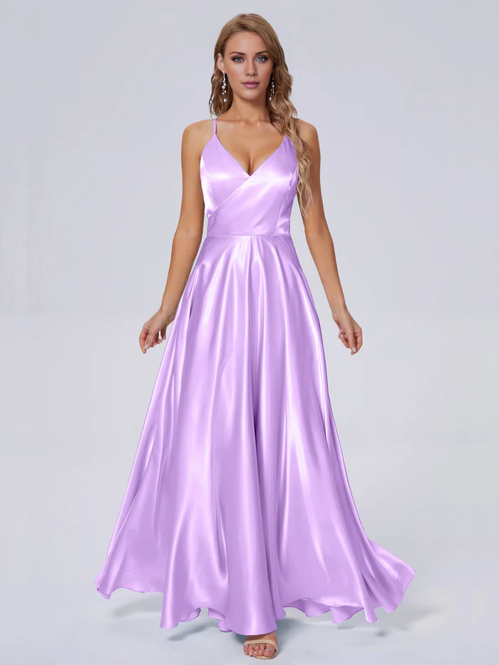 Elegant shoulder strap soft satin and floor length bridesmaid dress