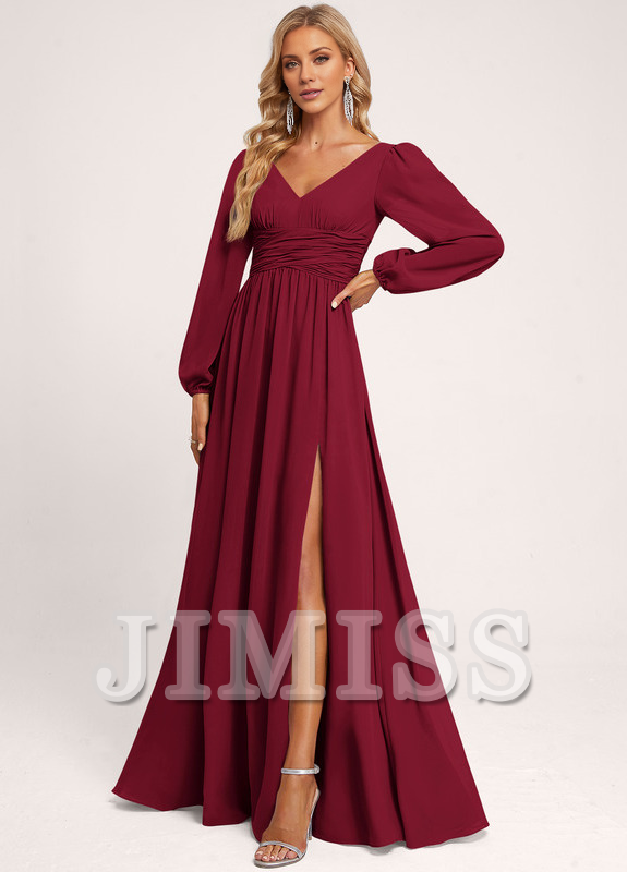 Ruffled A-line V-neck Floor-length Chiffon Bridesmaids Dress