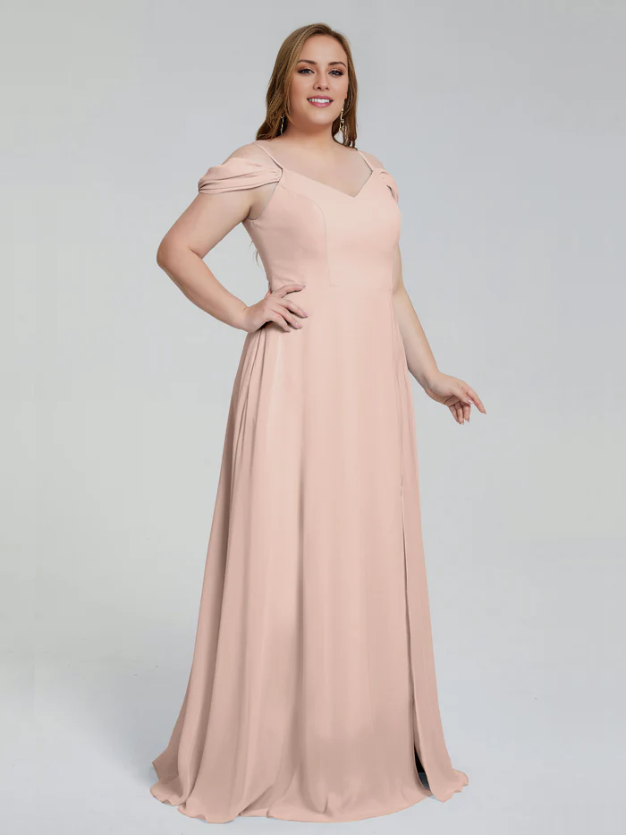Thin shoulder strap plus size and floor length bridesmaid dress