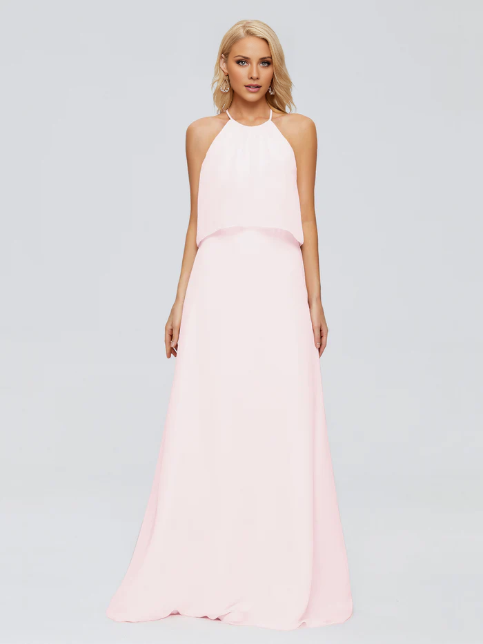 Post neck chiffon and floor length bridesmaid dress
