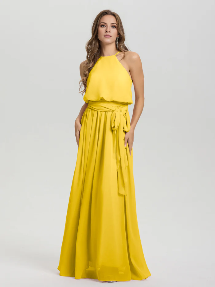 Hanging neck low round neck sleeveless chiffon and floor length Bridesmaid dresses
