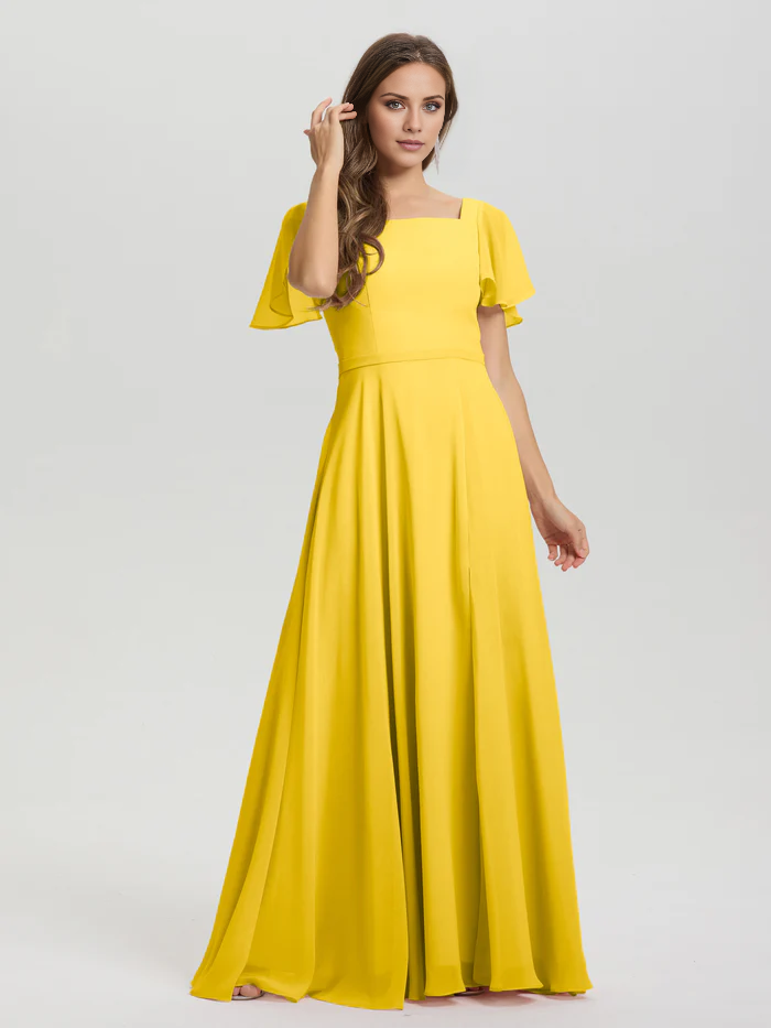 A-line square collar ruffled short sleeved and ground chiffon/ground length bridesmaid dress