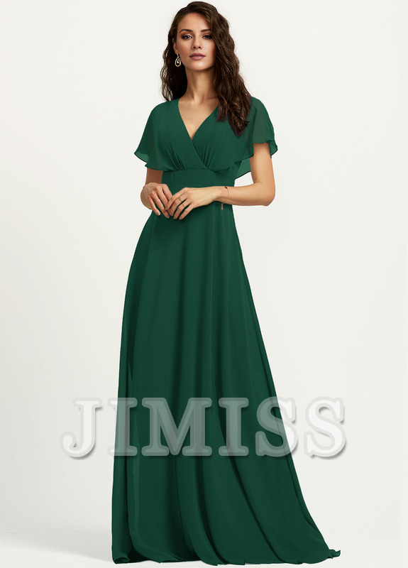 A-line V-neck floor-length chiffon bridesmaid dress
