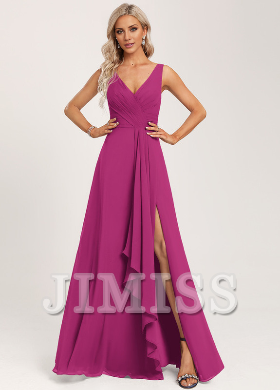 Ruffled A-line V-neck Floor-length Chiffon Bridesmaids Dress