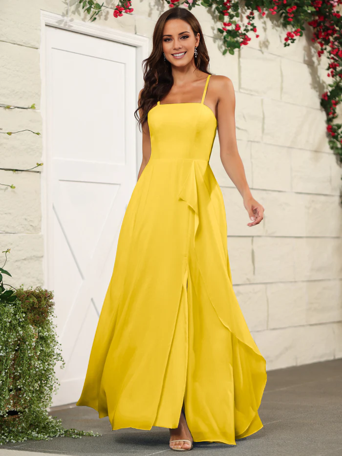 Beautiful chiffon thin shoulder strap and floor length bridesmaid dress
