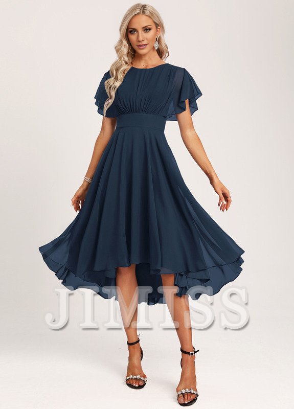 Ruffled A-line Spoon Asymmetric Chiffon Bridesmaids Dress