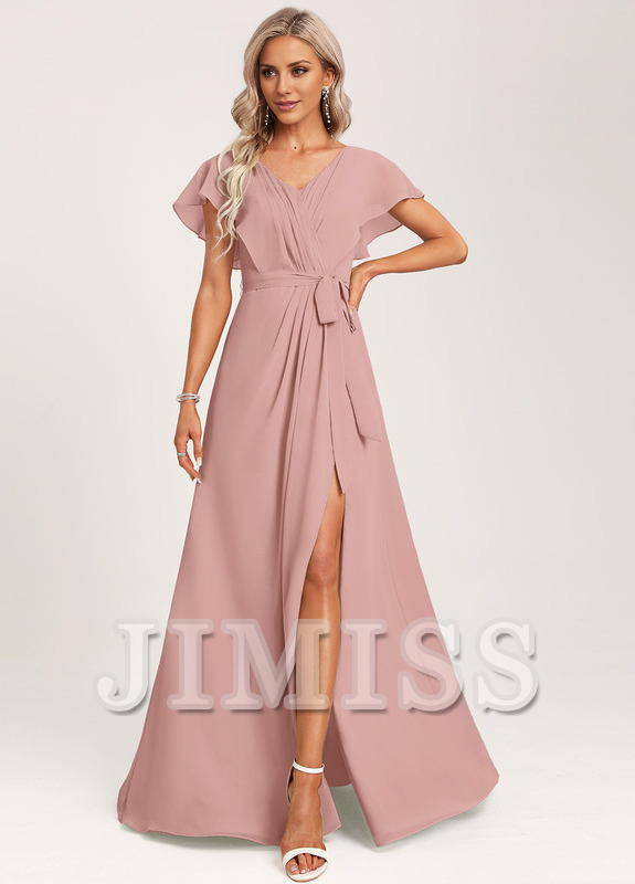 Ruffled A-line V-neck Floor-length Chiffon Bridesmaids Dress
