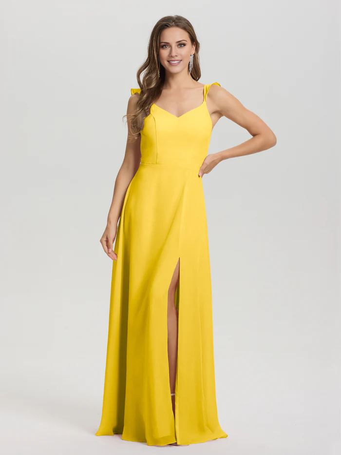 V-neck shoulder strap tied chiffon slit and floor length bridesmaid dress