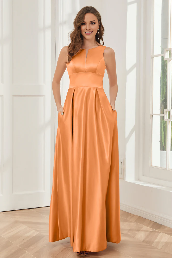 A-line sleeveless satin and floor length bridesmaid dress