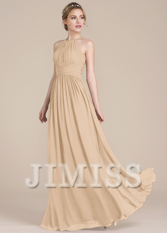 Lotus leaf A-line low round neck chiffon bridesmaid dress