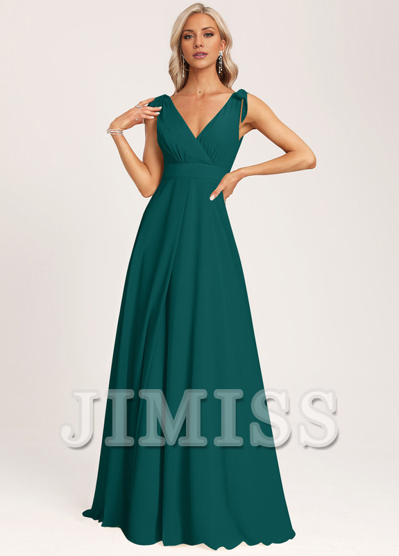 A-link V-neck and ground chiffon bow bridesmaid dress
