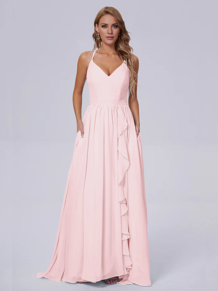 Elegant shoulder strap chiffon and floor length bridesmaid dress