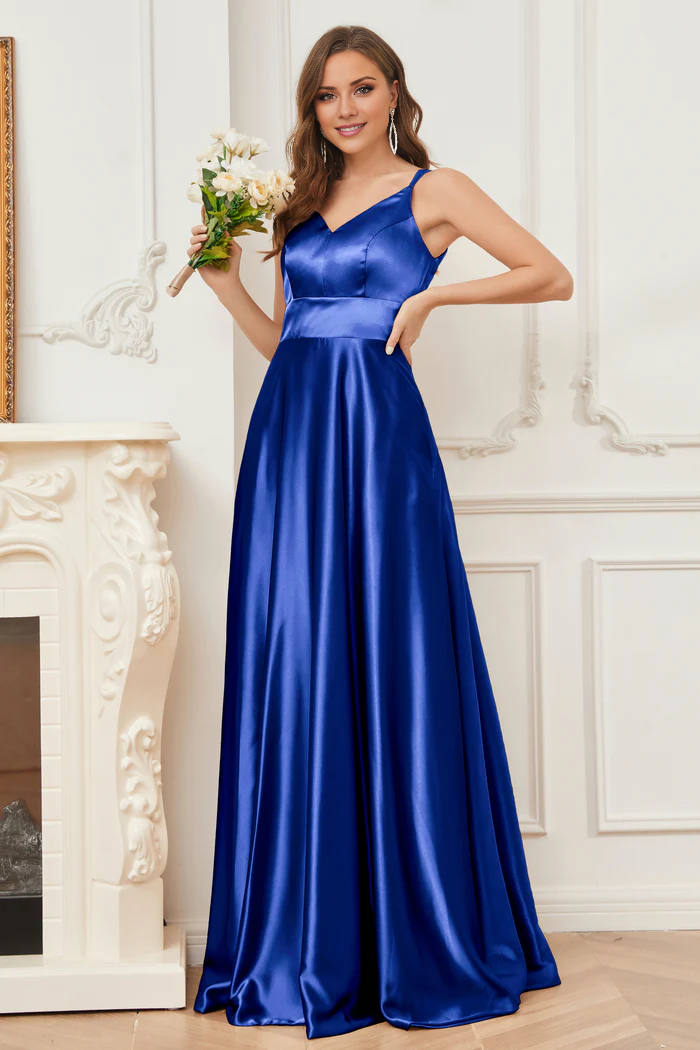 Thin shoulder strap V-neck soft satin and floor length bridesmaid dress