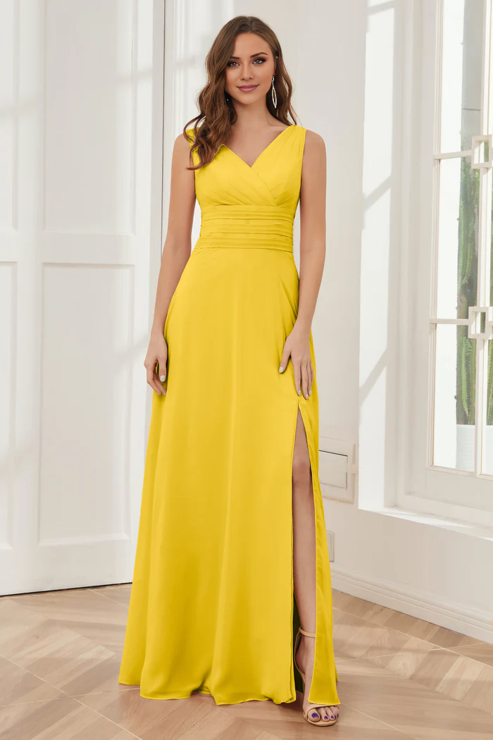 V-neck sleeveless chiffon side slit and floor length bridesmaid dress