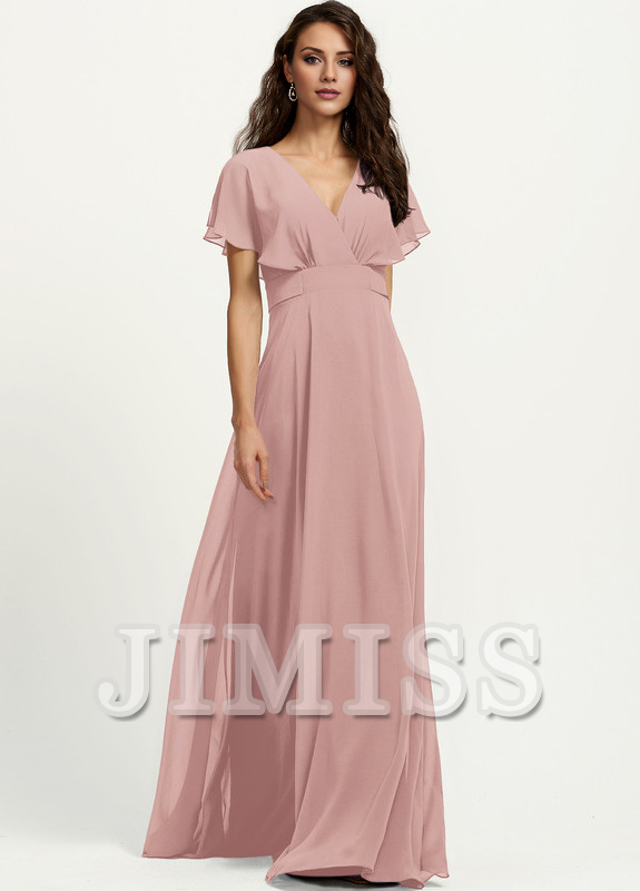 A-line V-neck floor-length chiffon bridesmaid dress