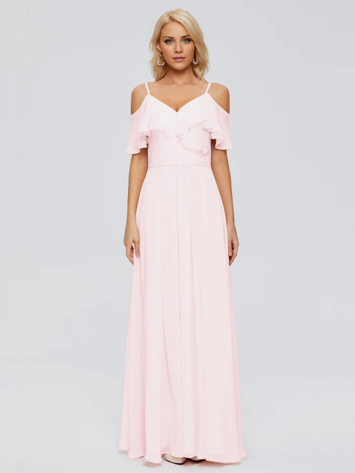 Thin shoulder strap ruffled chiffon and floor length bridesmaid dress