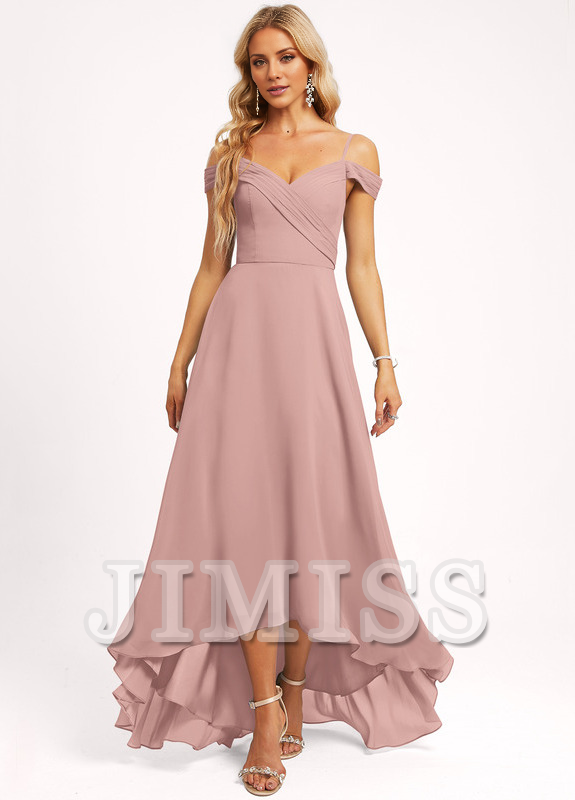 A-line off-shoulder asymmetric chiffon bridesmaid dress