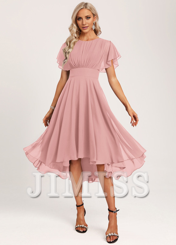 Ruffled A-line Spoon Asymmetric Chiffon Bridesmaids Dress