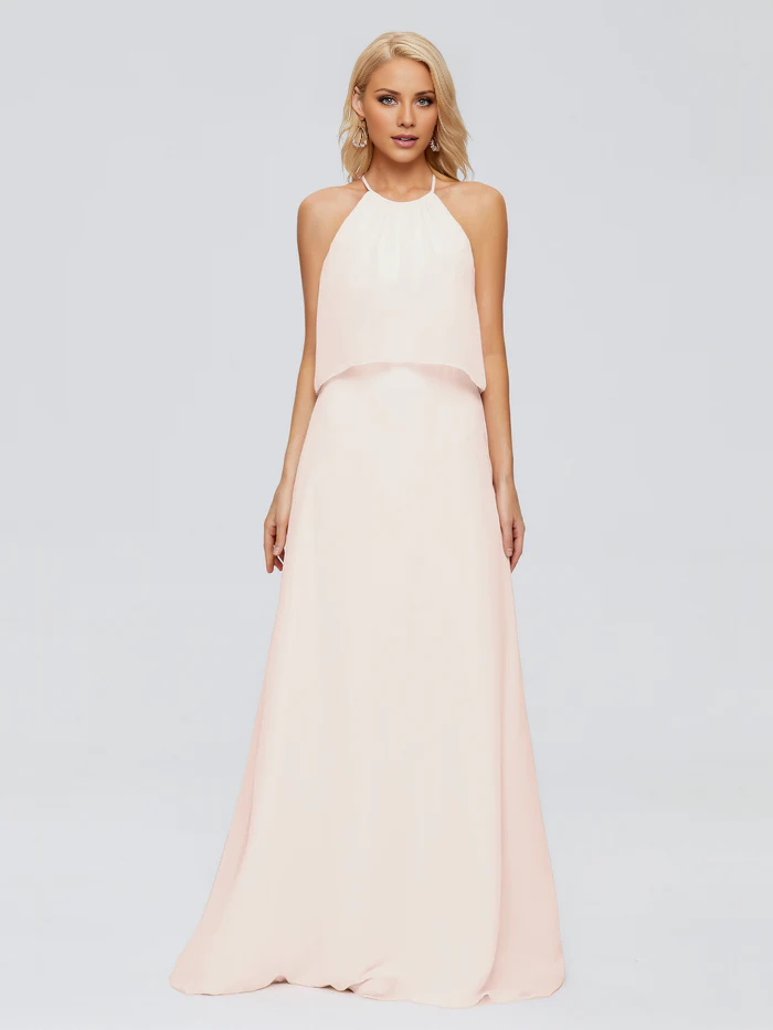 Post neck chiffon and floor length bridesmaid dress