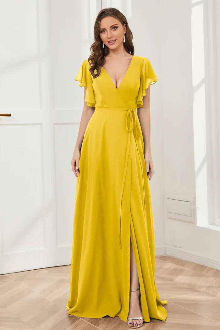 V-neck ruffled sleeve chiffon slit and floor length bridesmaid dress