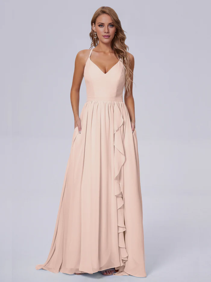 Elegant shoulder strap chiffon and floor length bridesmaid dress