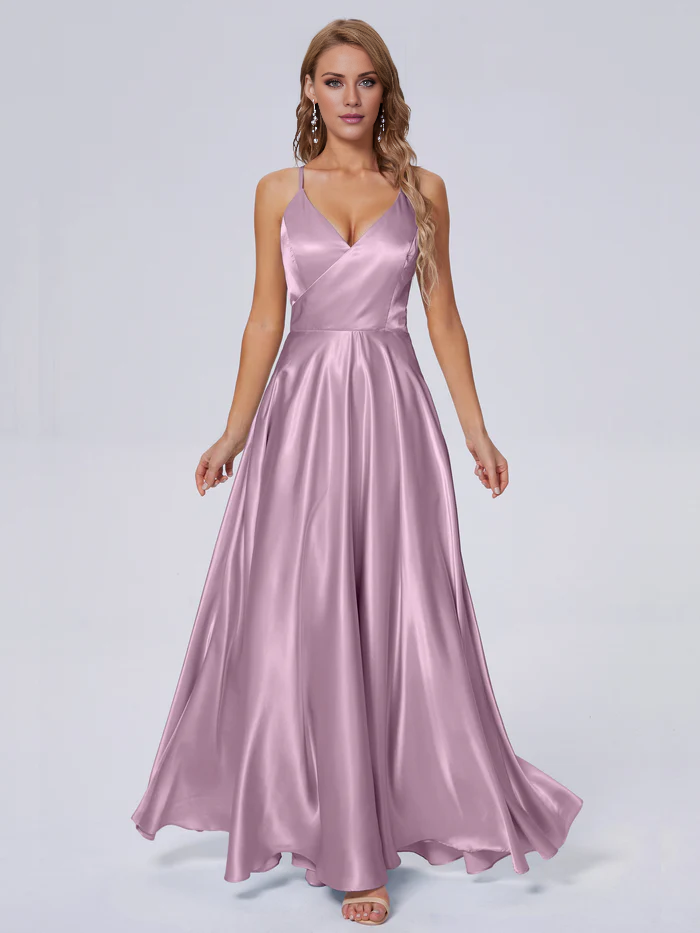 Elegant shoulder strap soft satin and floor length bridesmaid dress