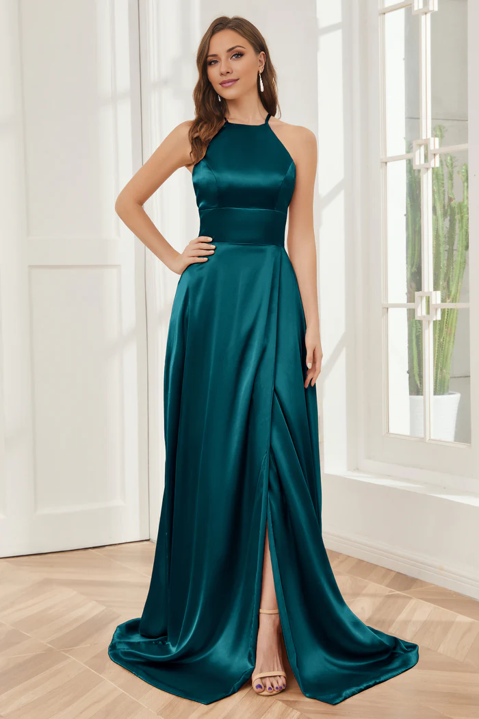 Column neck hanging soft satin and floor length bridesmaid dress