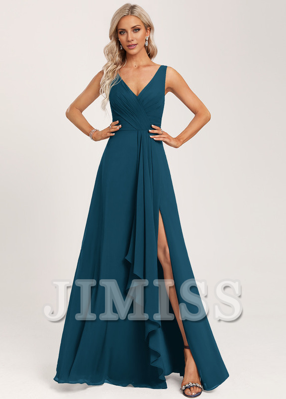 Ruffled A-line V-neck Floor-length Chiffon Bridesmaids Dress