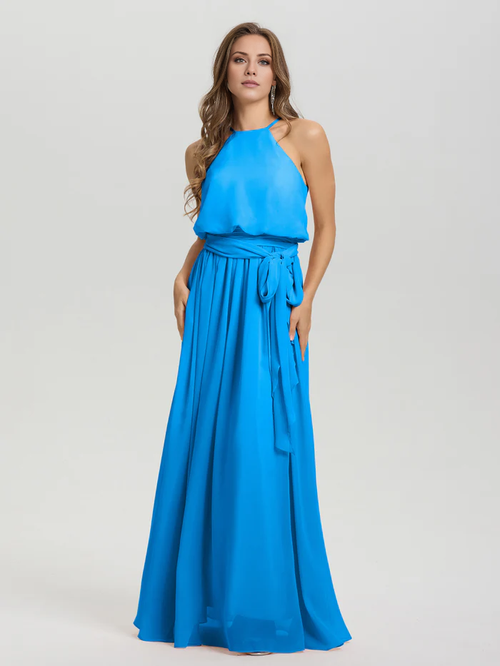 Hanging neck low round neck sleeveless chiffon and floor length Bridesmaid dresses