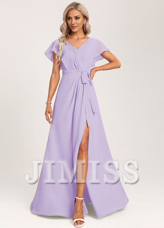 Ruffled A-line V-neck Floor-length Chiffon Bridesmaids Dress