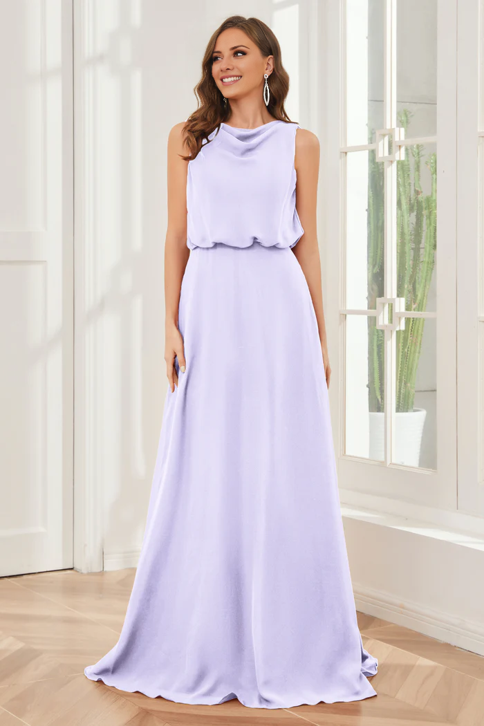 Pillar style wind neck sleeveless chiffon and floor length bridesmaid dress