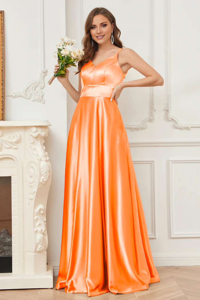 Thin shoulder strap V-neck soft satin and floor length bridesmaid dress