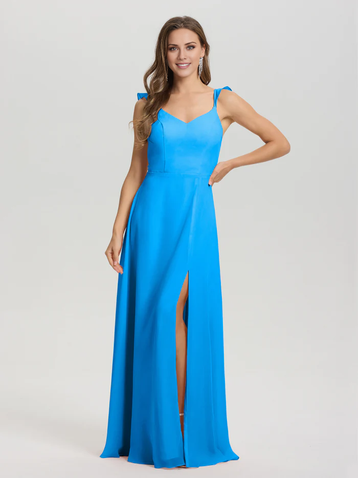 V-neck shoulder strap tied chiffon slit and floor length bridesmaid dress