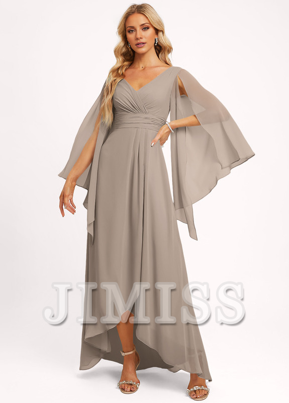 Ruffled A-line V-neck Asymmetric Chiffon Bridesmaids Dress