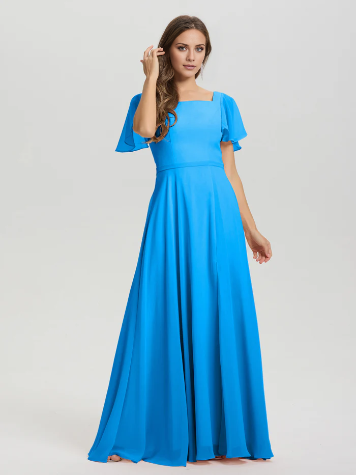 A-line square collar ruffled short sleeved and ground chiffon/ground length bridesmaid dress