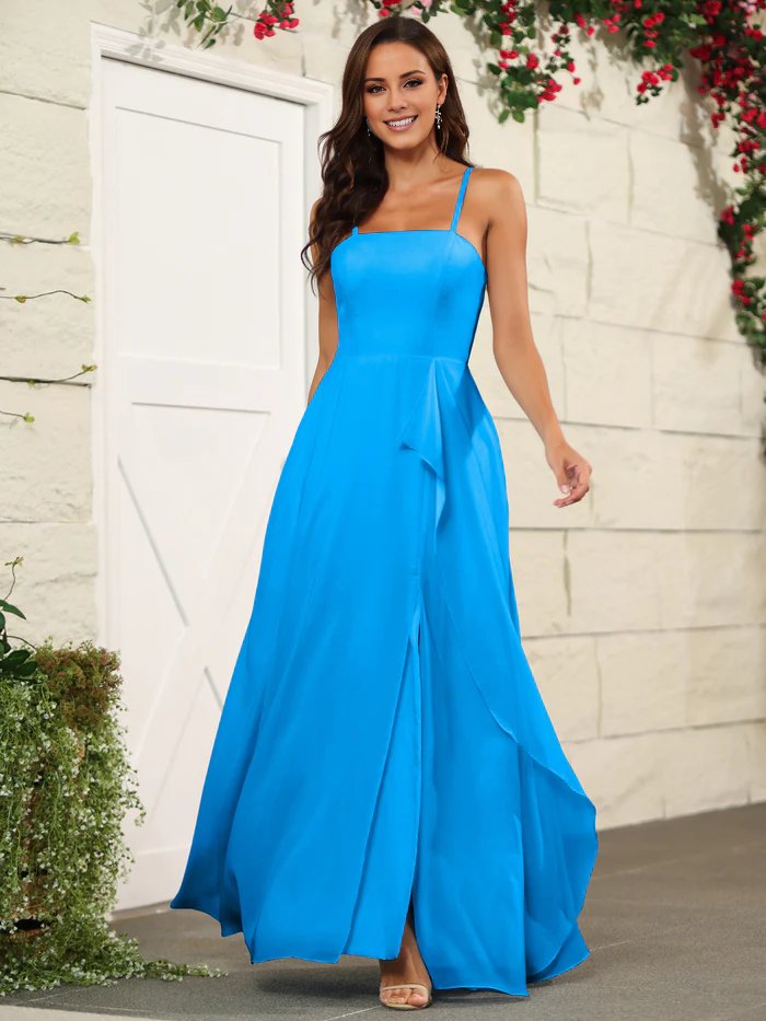Beautiful chiffon thin shoulder strap and floor length bridesmaid dress