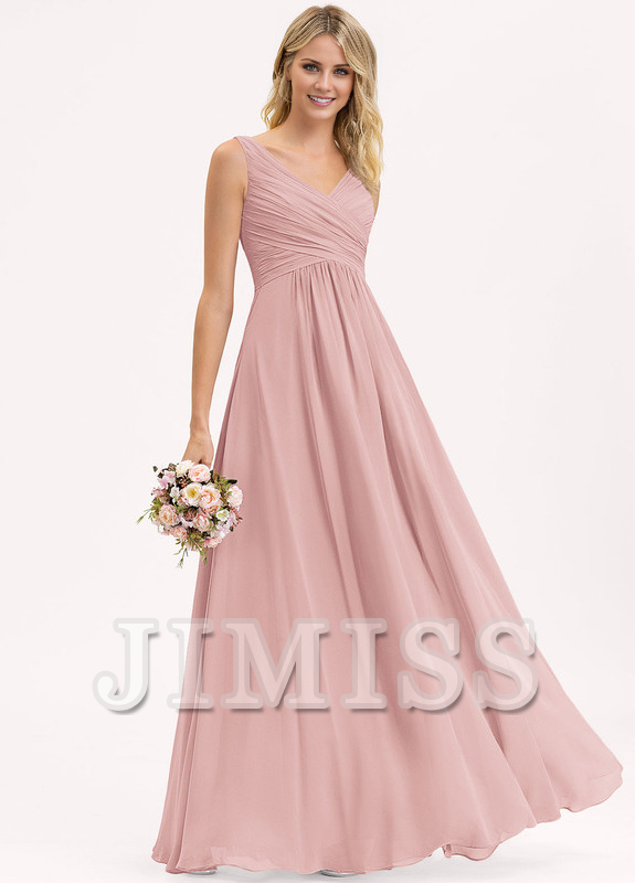A-line V-neck floor-length chiffon pleated bridesmaid dress