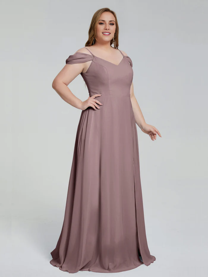 Thin shoulder strap plus size and floor length bridesmaid dress