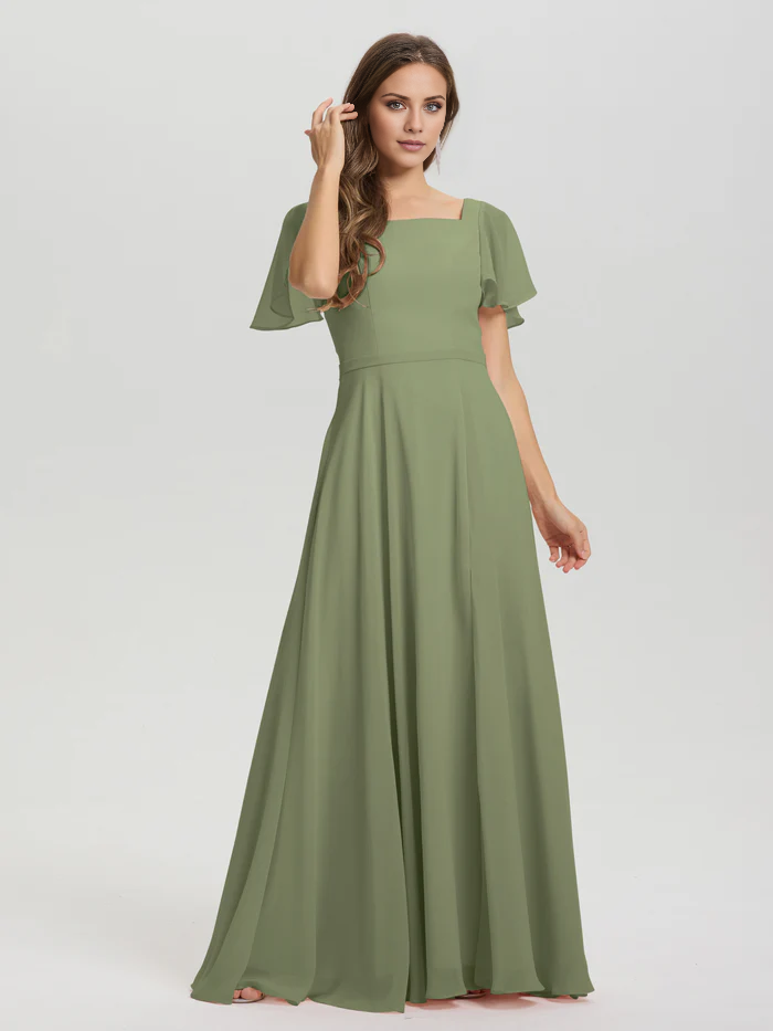 A-line square collar ruffled short sleeved and ground chiffon/ground length bridesmaid dress