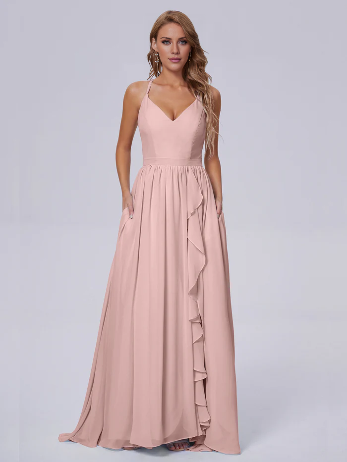 Elegant shoulder strap chiffon and floor length bridesmaid dress